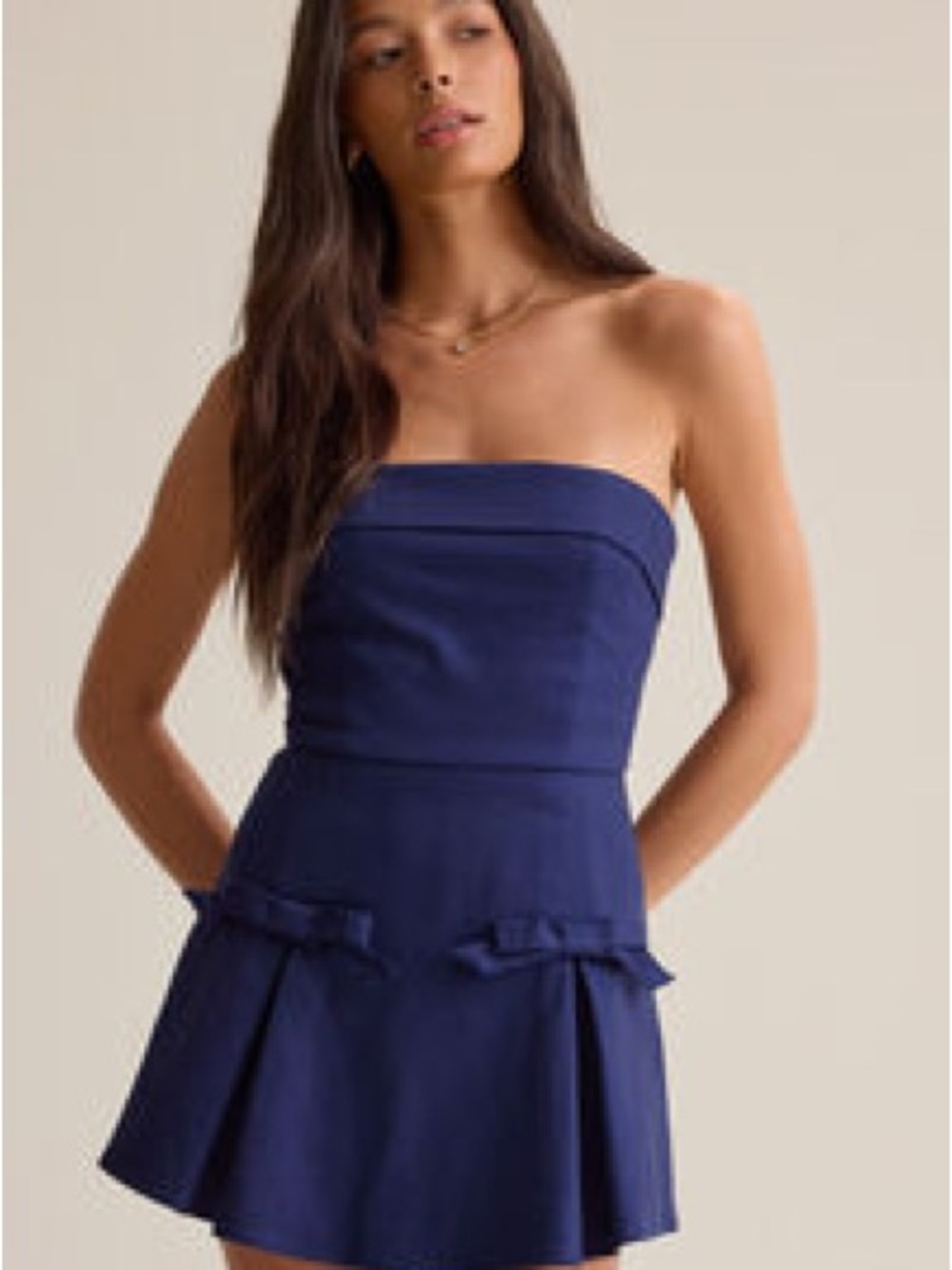 Altar'd State Strapless Navy Blue Romper with Pleated Skirt Detail